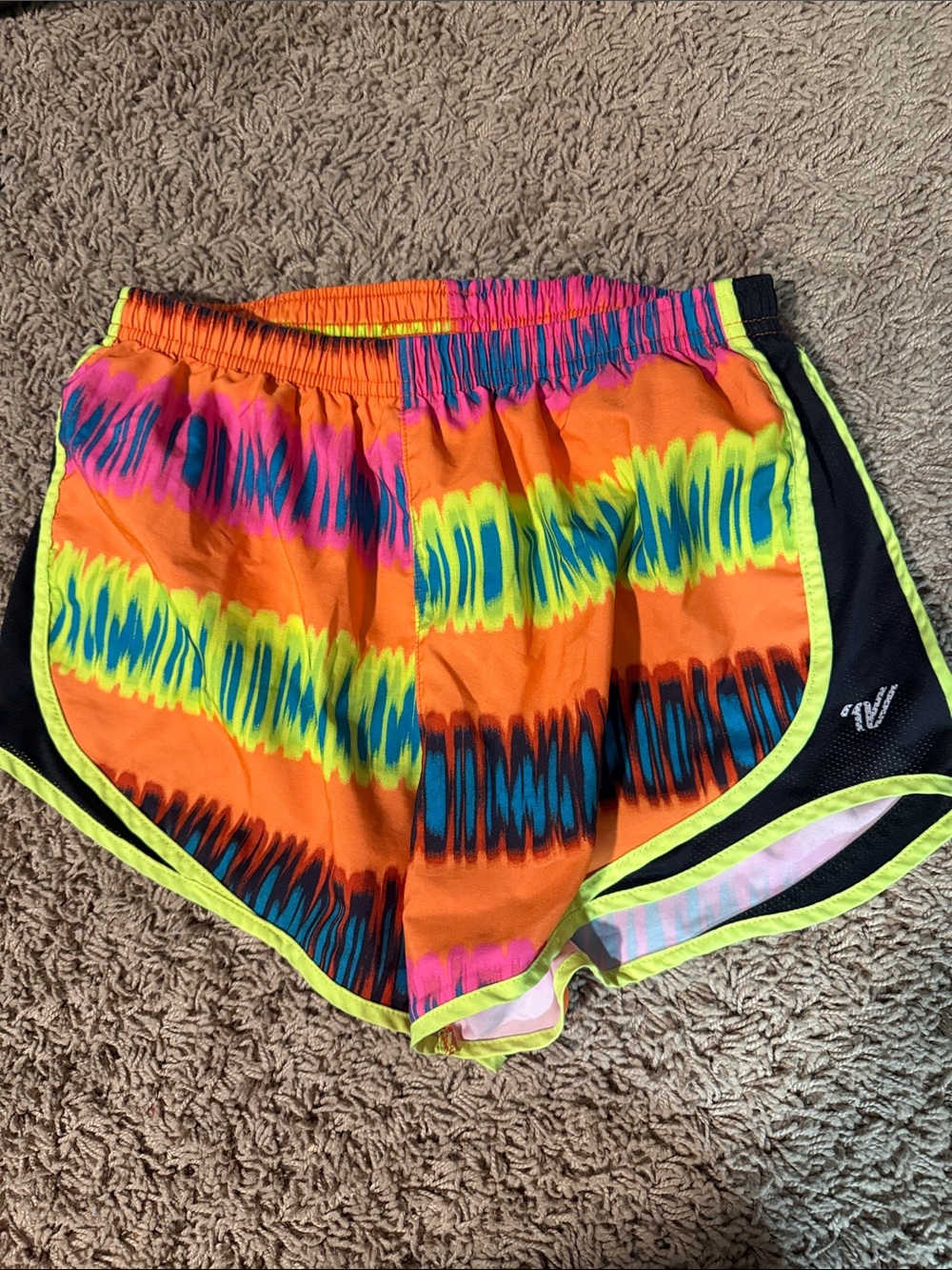 Varsity Orange Tie-Dye Athletic Shorts with Neon Trim